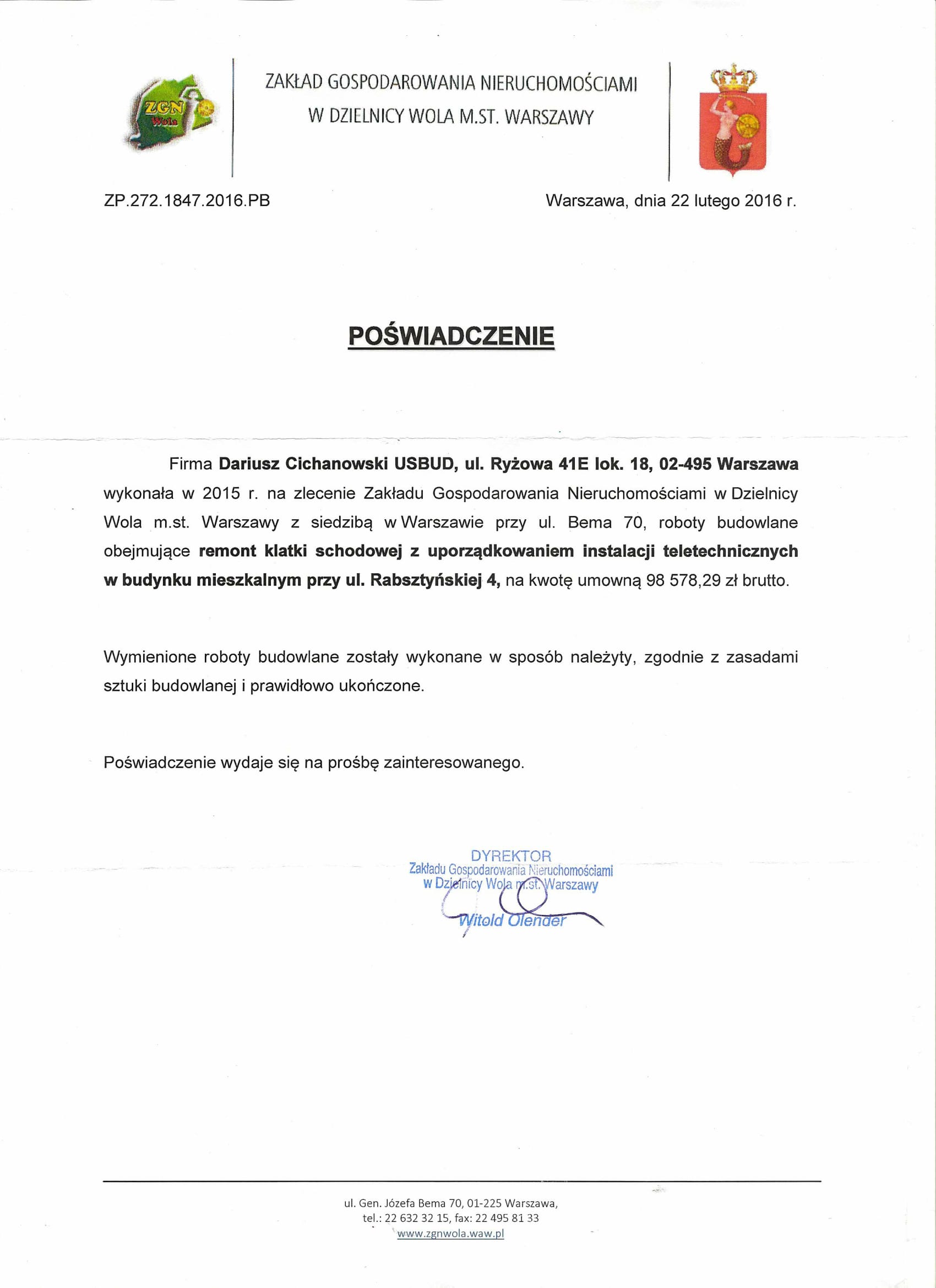 MIASTO STOŁECZNE WARSZAWA - 	Remont klatki schodowej w budynku przy ul. Rabsztyńskiej w Warszawie